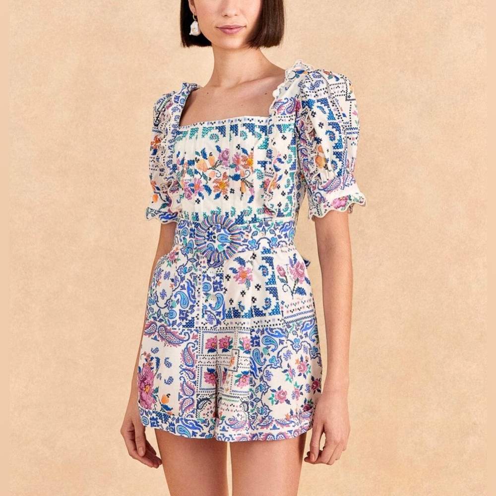 Farm Rio NWT off-white romantic bandanas organic cotton romper Small